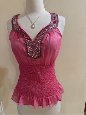 Women’s Pink Beaded V-Neck Smocked Waist Top